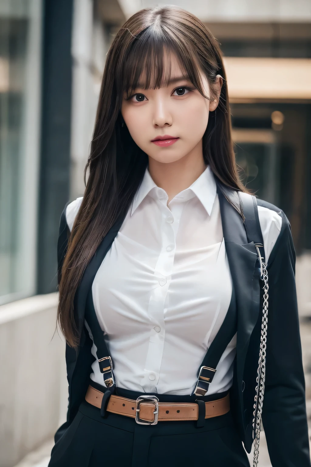 a woman in a suit, belt, hands behind back, sweating, suspenders, black pants, sexly, large breasts, see-through clothing, rain, detective, office worker, white button-up shirt, (best quality,4K,8k,highres,masterpiece:1.2),ultra-detailed,(realistic,photorealistic,photo-realistic:1.37),hyper-detailed,highly detailed face and body, Slender thin suspenders Moderate breasts See-through shirt Nipples holster chain Pistol Armament criminal Female criminal knife