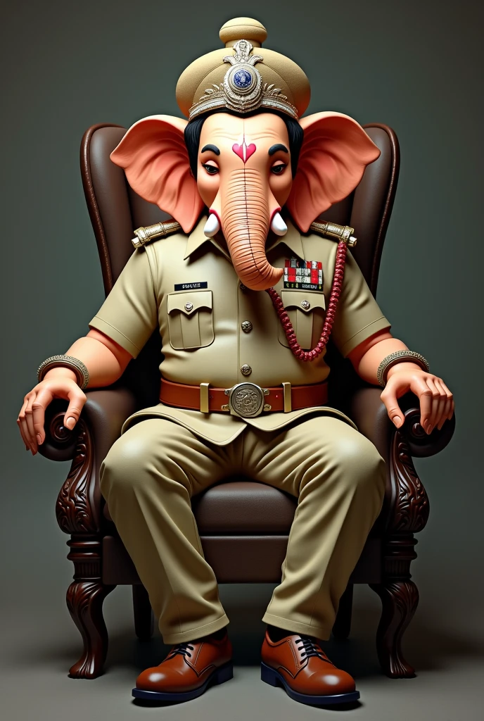 Lord Vinayaka sit in chair with Indian police dress in with shoes