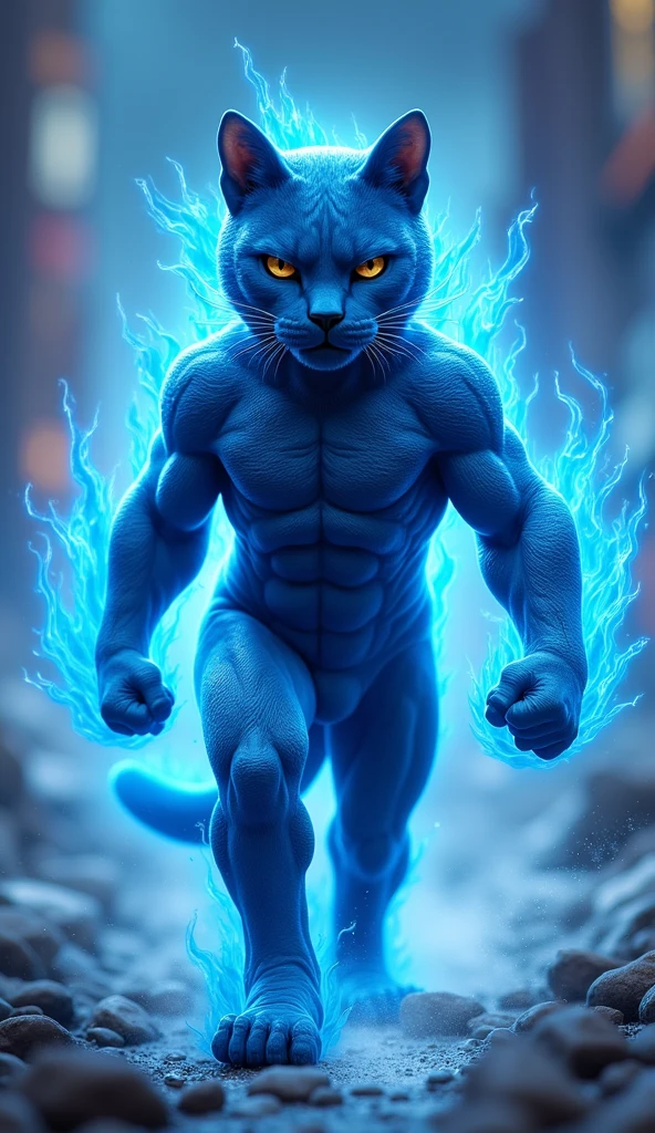 A burly blue cat shaped like The flash, add blue flame effect on each side of the body 