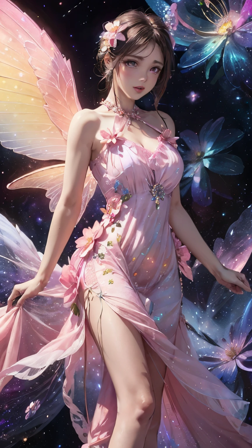 4K Ultra HD, masterpiece, female, nice face, detailed eyes, detailed lips, Flower Fairy Girl, large wing, transparent wings, neon lights, (galaxy background:1.5), (flower dress:1.8), (pink dress:1.5), In Heaven,