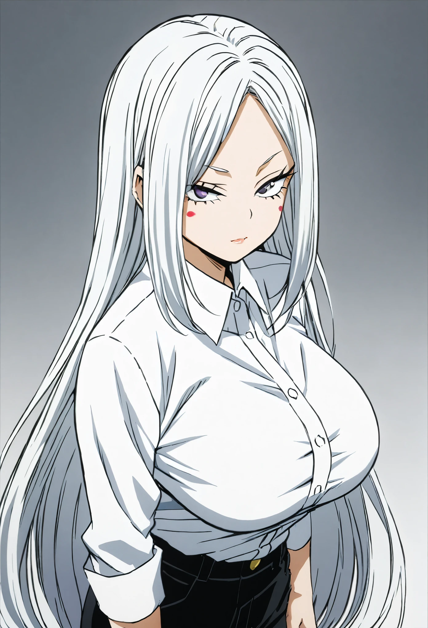 by Kohei Horikoshi, 1girl, body shot, pale skin, beauty mark under one eye, curious expression, large eyelashes, white shirt, big breasts, black pants, long straight white hair, detailed,
