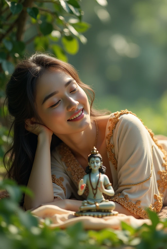 A beautiful girl lying down feets of Krishna's small statue smiling beautifully.
