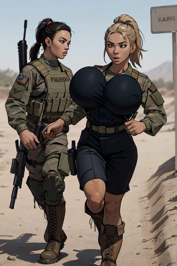 group of female soldiers, war photography, (cinematic lighting:1.1), highest quality, photo of (group of fully dressed really tanned 20yo sexy muscular female army special forces with taut clothing military top, ponytail hair, running holding a rifle), (bouncing breasts, motion lines, motion blur), too tight military shirt, medium_boltedontits, perfectly round breasts, breast implants, unaligned breasts, perfect face, parted lips, dumb expression, (wearing military Combat uniform, battlepack, boots:1.2), athletic body, on the battlefield, fake , bootsnutes