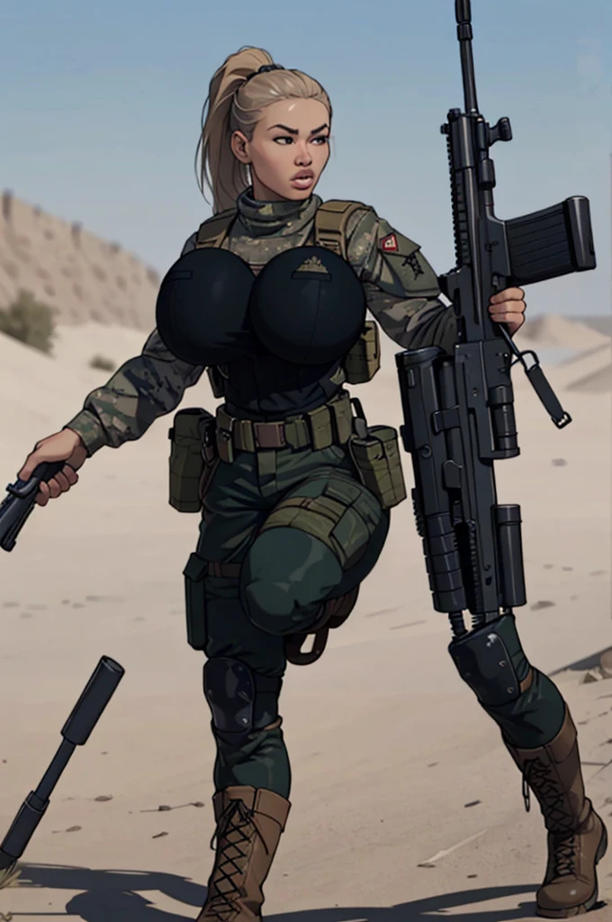 group of female soldiers, war photography, (cinematic lighting:1.1), highest quality, photo of (group of fully dressed really tanned 20yo sexy muscular female army special forces with taut clothing military top, ponytail hair, running holding a rifle), (bouncing breasts, motion lines, motion blur), too tight military shirt, medium_boltedontits, perfectly round breasts, breast implants, unaligned breasts, perfect face, parted lips, dumb expression, (wearing military Combat uniform, battlepack, boots:1.2), athletic body, on the battlefield, fake , bootsnutes