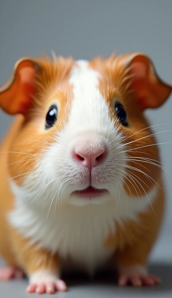 macro photography, high resolution, very detailed, the face of a guinea pig, clear eyes, detailed nose, very real mouth, depicting a very real, clear and super realistic guinea pig face, with full lighting, 8K.