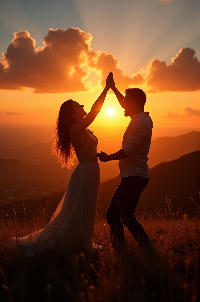 Couples danceing the night away at sunset in a on a beautiful hill top