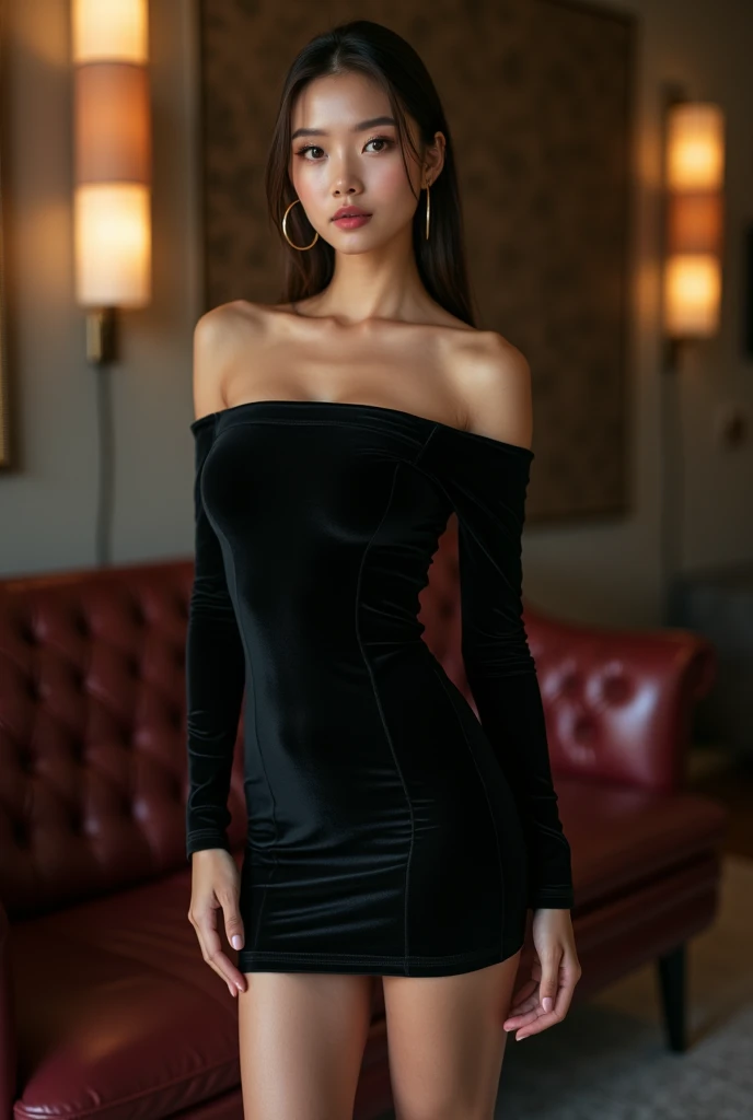 Beautiful detailed woman, 1 girl, tight black dress with off-the-shoulder, pantyhose, Legs long, real photografic, High definition, photorrealistic, studio lighting, 8k, detailed facial features, beautiful detailed eyes, beautiful detailed lips, extreme detailed face, long eyelashes, chic, graceful pose, luxury interior background