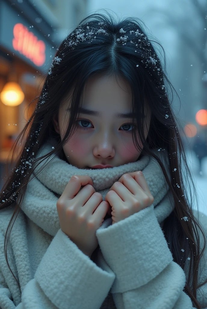 snow day　In front of the bus stop　Beauty　woman　Face close-up　White coat　Tears　Crying quietly　Natural Makeup　I can see the cafe　The face is hidden by hair　turn up one&#39;s coat collar　

