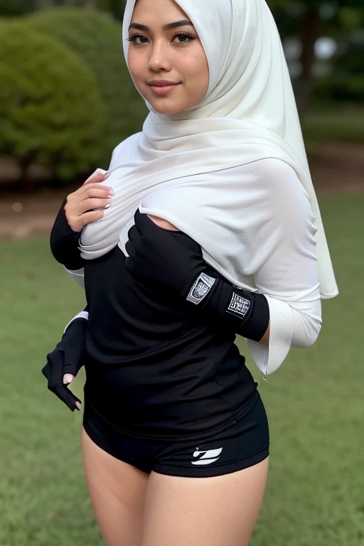 RAW, Best quality, high resolution, Masterpiece: 1.3), Beautiful malay woman in rugby outfit wearing shawl style hijab, non naked, wearing jersey outfit, ((2 females, groping each others breasts, breasts groping)), flawless face, cute face, pretty malay face, beautiful white teeth, Masterpiece, Perfect plump body, full body, sexy rugby outfit, tight breasts, short hair, ((wearing black shawl style hijab, wide and long hijab)), covered in cum, soaked in semen, beautiful big eyes, watery eyes, Soft smile, breezy, skin details, skin texture details, wide hips, thick thighs, sexy plump body, morning time, happy, bright sunshine, at football field, blurred background, bokeh, ((white, black and grey outfit, wearing baggy rugby jersey shirt short sleeves, wearing black handsocks, wearing tight shorts, wearing black long socks, wearing sweater)), ((standing, sexy legs)), ((hands above breasts)), ((wearing long black gloves))