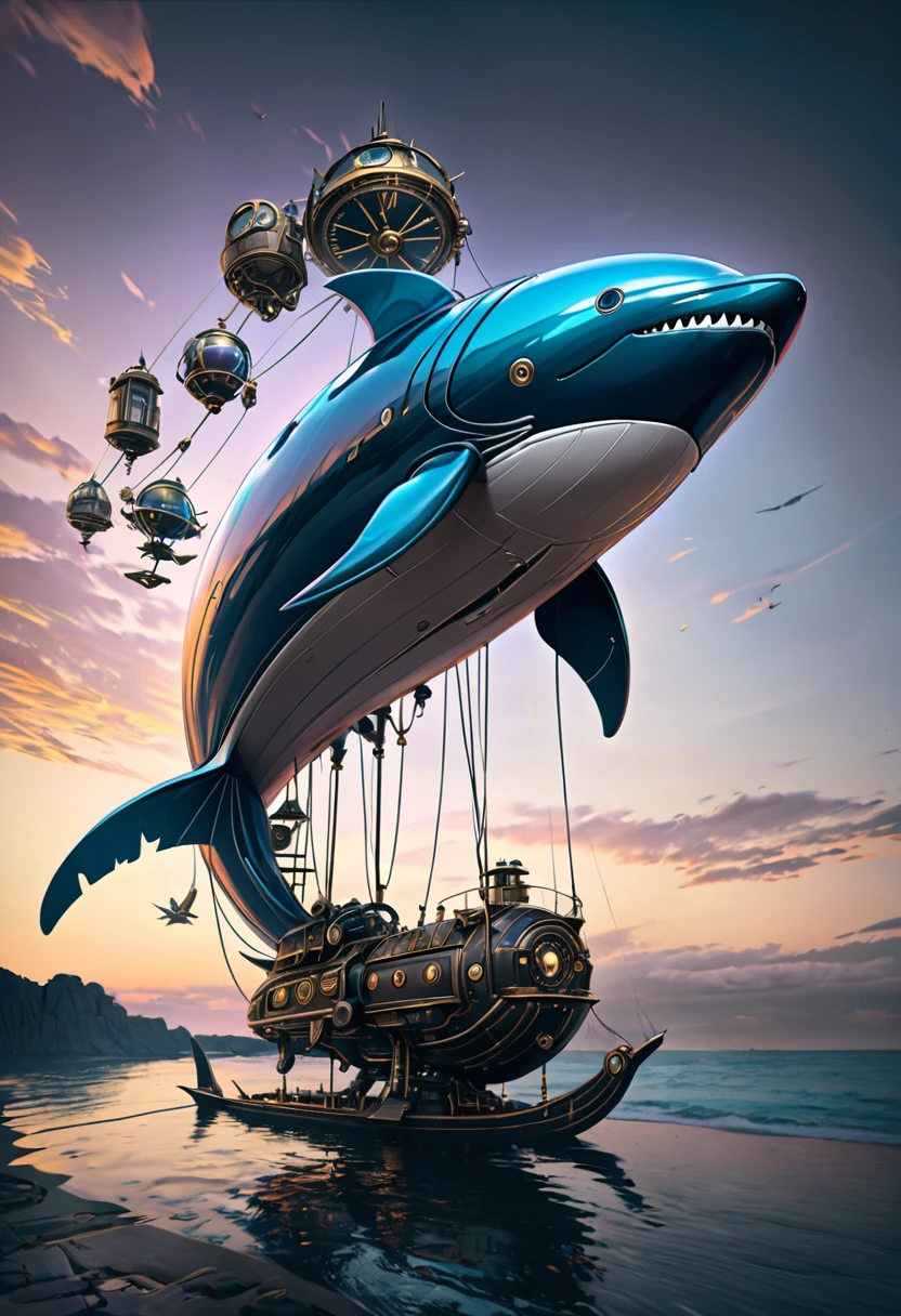 Mechanical Flying Whale, steampunk, Dieselpunk, Clockpunk, Mysterious color scheme, Twilight light effect, Conceptual installation fantasy art, 2.5D, delicate and dynamic、16K, Ultra-high resolution, Ultra-high resolution, to be born,wonderful ,future、Iridescent、The world 30 years from now