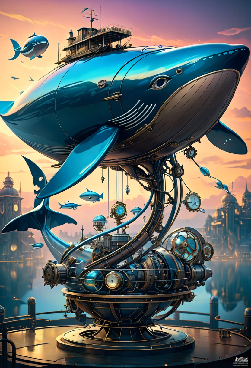 Mechanical Flying Whale, steampunk, Dieselpunk, Clockpunk, Mysterious color scheme, Twilight light effect, Conceptual installation fantasy art, 2.5D, delicate and dynamic、16K, Ultra-high resolution, Ultra-high resolution, to be born,wonderful ,future、Iridescent、The world 30 years from now