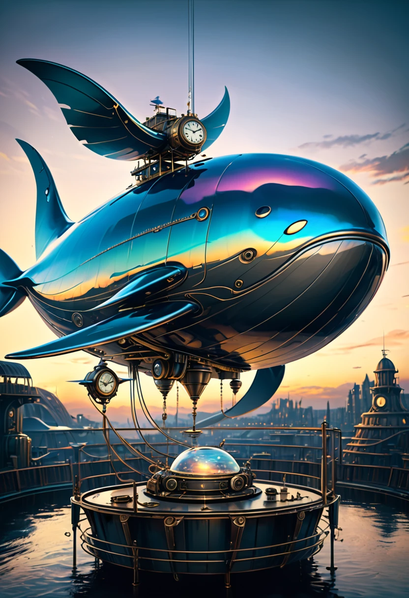 Mechanical Flying Whale, steampunk, Dieselpunk, Clockpunk, Mysterious color scheme, Twilight light effect, Conceptual installation fantasy art, 2.5D, delicate and dynamic、16K, Ultra-high resolution, Ultra-high resolution, to be born,wonderful ,future、Iridescent、The world 30 years from now