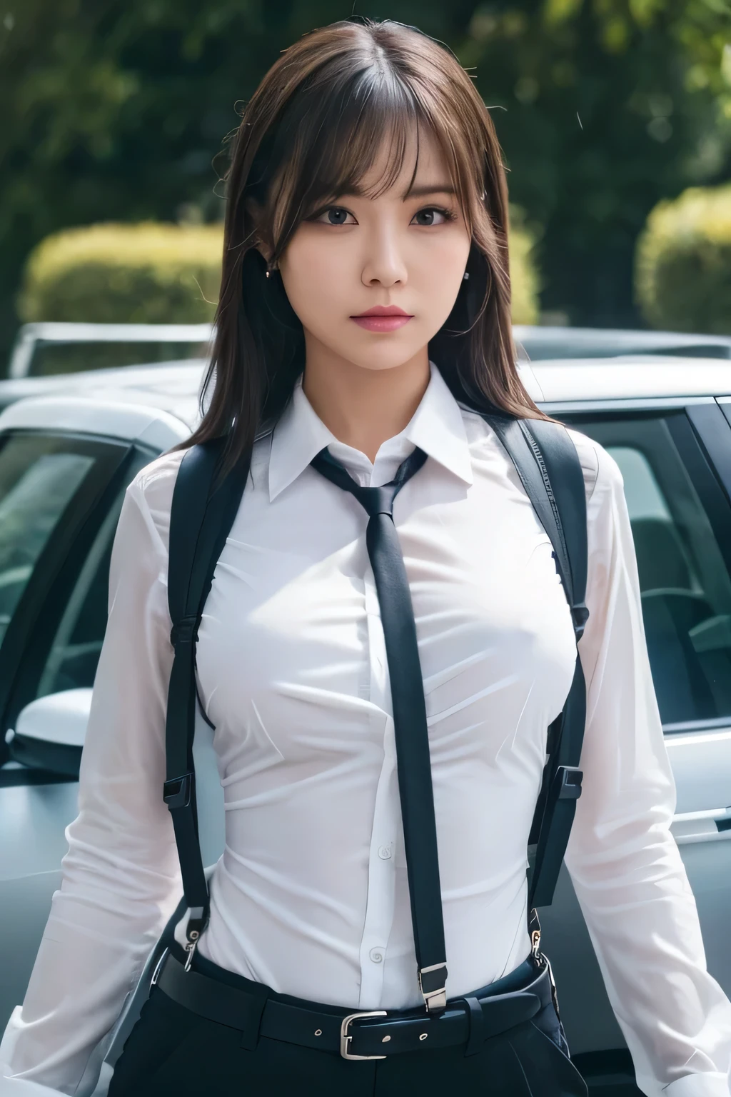 a woman in a suit, belt, hands behind back, sweating, suspenders, black pants, sexly, large breasts, see-through clothing, rain, detective, office worker, white button-up shirt, (best quality,4K,8k,highres,masterpiece:1.2),ultra-detailed,(realistic,photorealistic,photo-realistic:1.37),hyper-detailed,highly detailed face and body, Slender　thin　suspenders　Moderate breasts　See-through shirt　Nipples　holster　chain　Pistol　Armament　criminal　Female criminal　knife