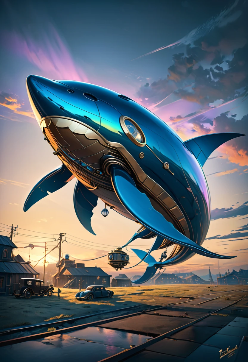 Mechanical Flying Whale, steampunk, Dieselpunk, Clockpunk, Mysterious color scheme, Twilight light effect, Conceptual installation fantasy art, 2.5D, delicate and dynamic、16K, Ultra-high resolution, Ultra-high resolution, to be born,wonderful ,future、Iridescent、The world 30 years from now