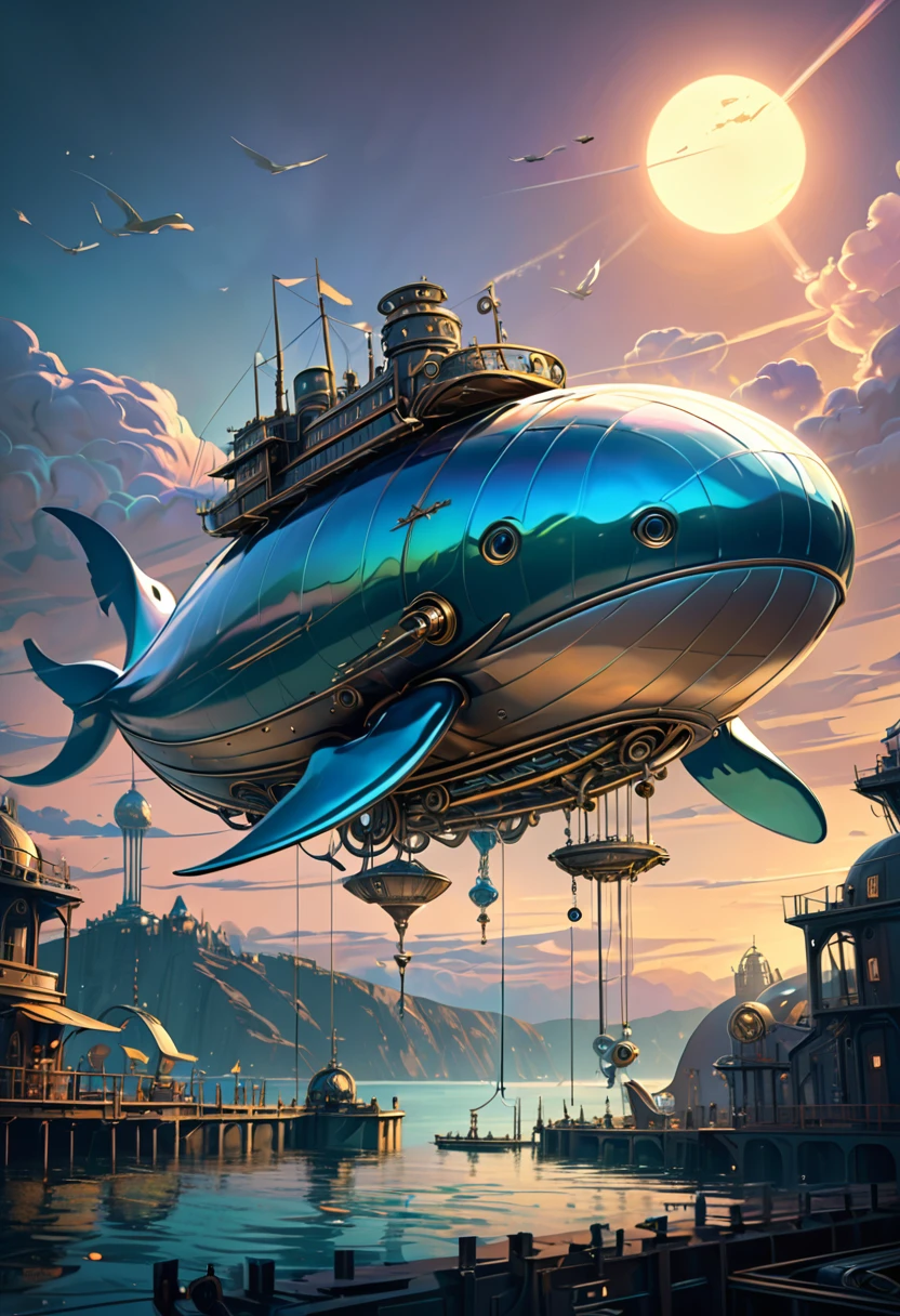 Mechanical Flying Whale, steampunk, Dieselpunk, Clockpunk, Mysterious color scheme, Twilight light effect, Conceptual installation fantasy art, 2.5D, delicate and dynamic、16K, Ultra-high resolution, Ultra-high resolution, to be born,wonderful ,future、Iridescent、The world 30 years from now