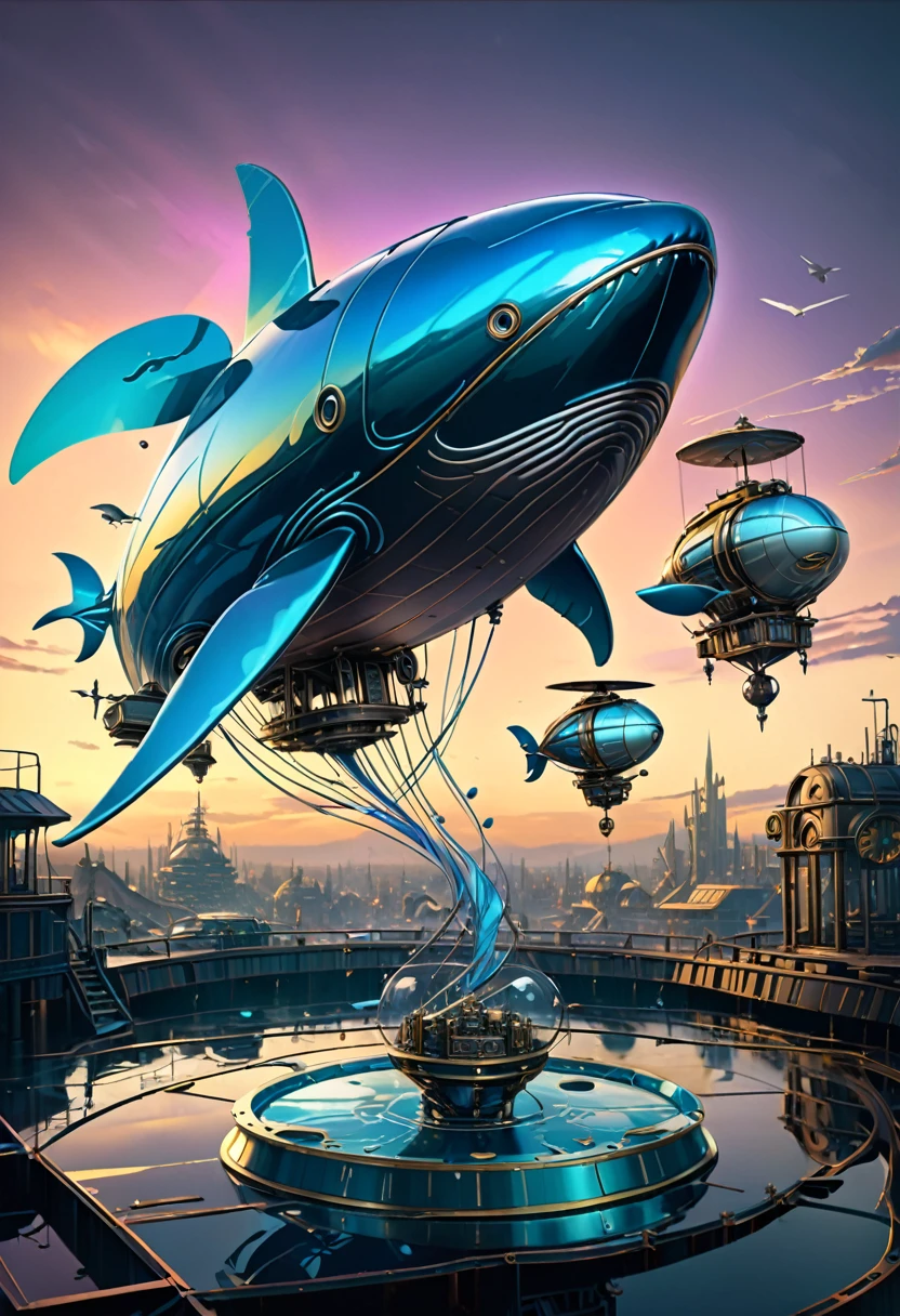 Mechanical Flying Whale, steampunk, Dieselpunk, Clockpunk, Mysterious color scheme, Twilight light effect, Conceptual installation fantasy art, 2.5D, delicate and dynamic、16K, Ultra-high resolution, Ultra-high resolution, to be born,wonderful ,future、Iridescent、The world 30 years from now