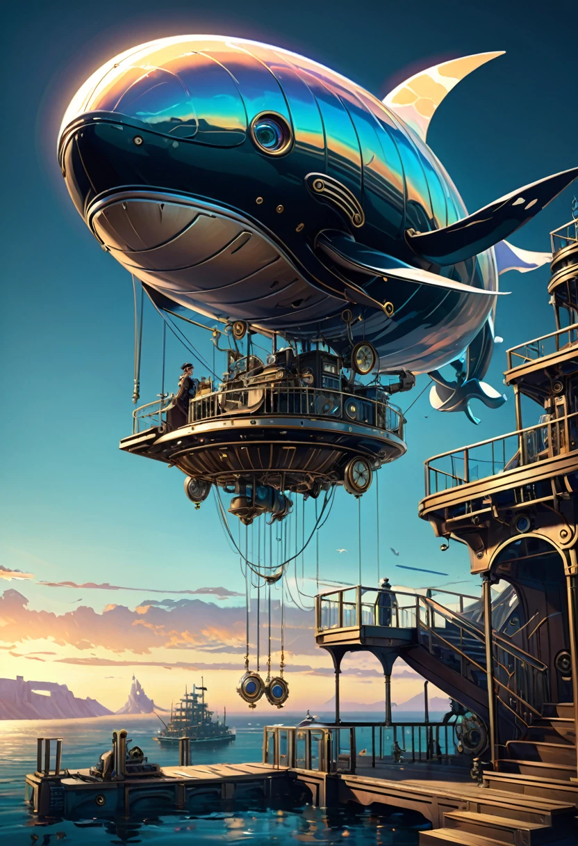 Mechanical Flying Whale, steampunk, Dieselpunk, Clockpunk, Mysterious color scheme, Twilight light effect, Conceptual installation fantasy art, 2.5D, delicate and dynamic、16K, Ultra-high resolution, Ultra-high resolution, to be born,wonderful ,future、Iridescent、The world 30 years from now