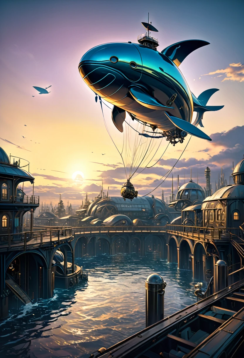 Mechanical Flying Whale, steampunk, Dieselpunk, Clockpunk, Mysterious color scheme, Twilight light effect, Conceptual installation fantasy art, 2.5D, delicate and dynamic、16K, Ultra-high resolution, Ultra-high resolution, to be born,wonderful ,future、Iridescent、The world 30 years from now