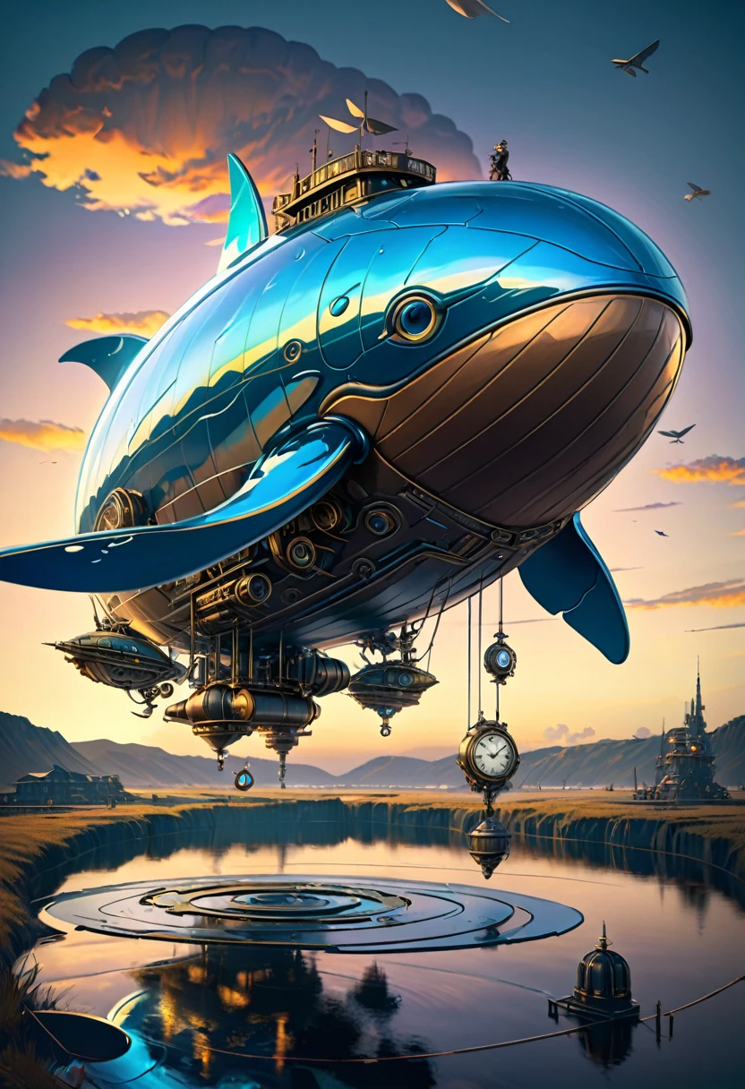Mechanical Flying Whale, steampunk, Dieselpunk, Clockpunk, Mysterious color scheme, Twilight light effect, Conceptual installation fantasy art, 2.5D, delicate and dynamic、16K, Ultra-high resolution, Ultra-high resolution, to be born,wonderful ,future、Iridescent、The world 30 years from now