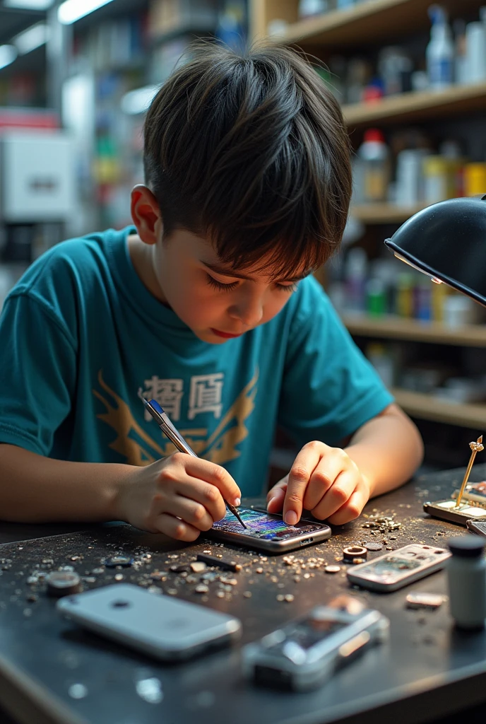 A smart boy who is repairing the phone at a mobile shop, that too iPhone print a t-shirt repair master 