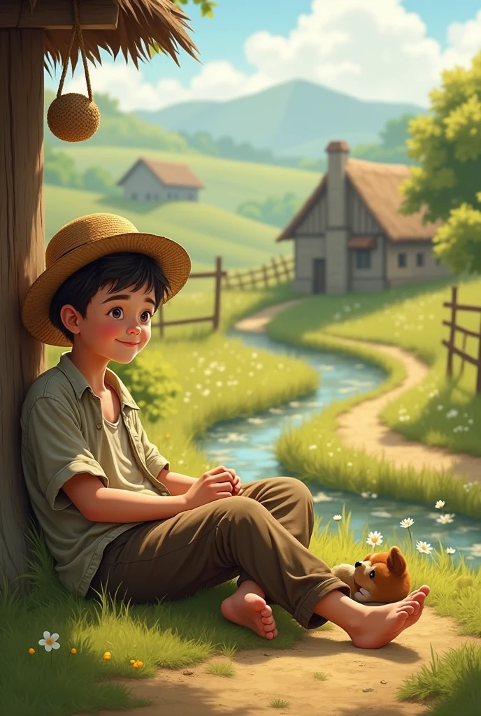 Lazy village boy playing