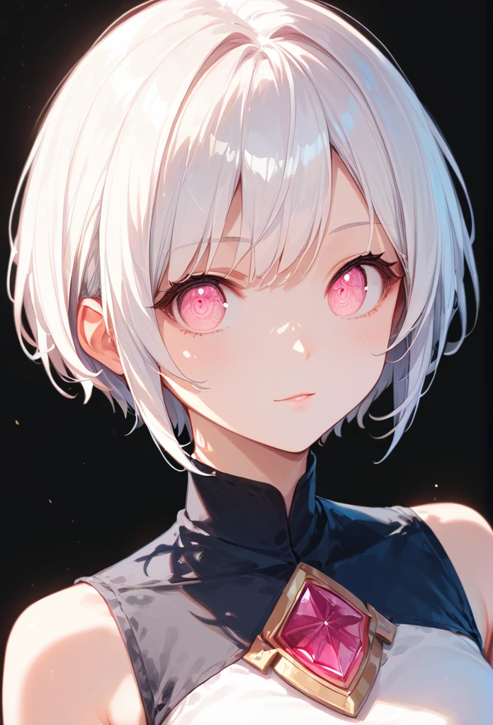 score_9, score_8_up, score_7_up,source_anime, high res image,masterpiece,best quality,girl,cute face,clear skin,shiny hair,ultra detailed eyes,simple background, jyojipan, bottomless, white hair, short hair, pink eyes,