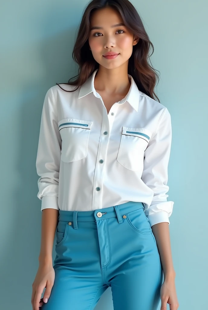 Semi-formal women's uniform with a white shirt with details in cyan blue fashion three-quarter sleeve cargo style and high-waisted cyan blue pants of the same shade as the shirt and with a youthful cargo style equal to the previous image.