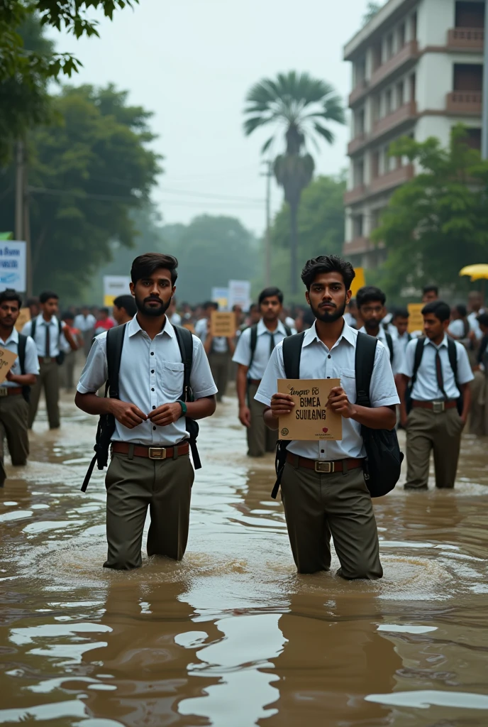 2024 flood in Bangladesh with the same frame of student protest of Bangladesh in 2024, with bgmea University of fashion and technology male students for my Facebook profile picture