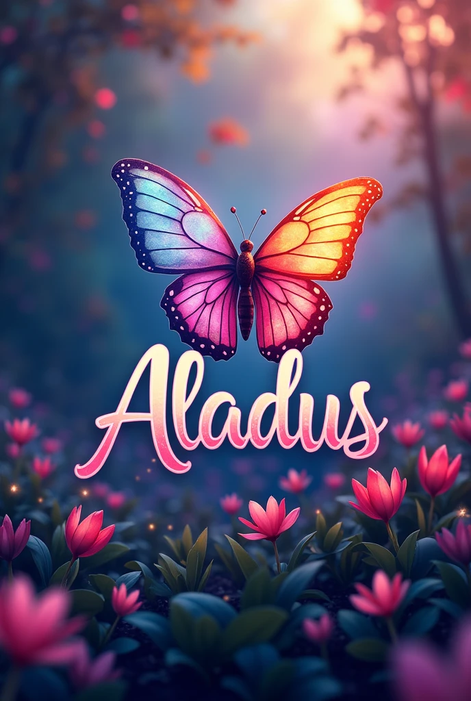 Create a word logo "aladus" colorful and with a butterfly flying over the logo