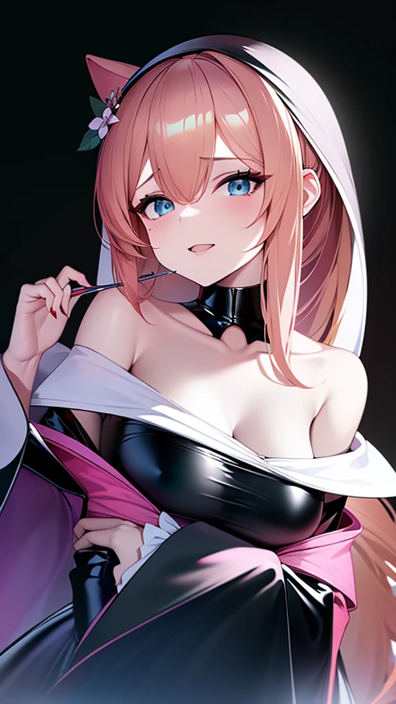 tall、 adult、Married Woman、Shiny latex robes、Off the shoulder、邪evilな修道女, Sister、Pink and black background, Pitch-dark bedroom, Dark Theme, evil, lure, excited, A condescending grin, Lightly open your mouth、Sexy pose, Upper Body,