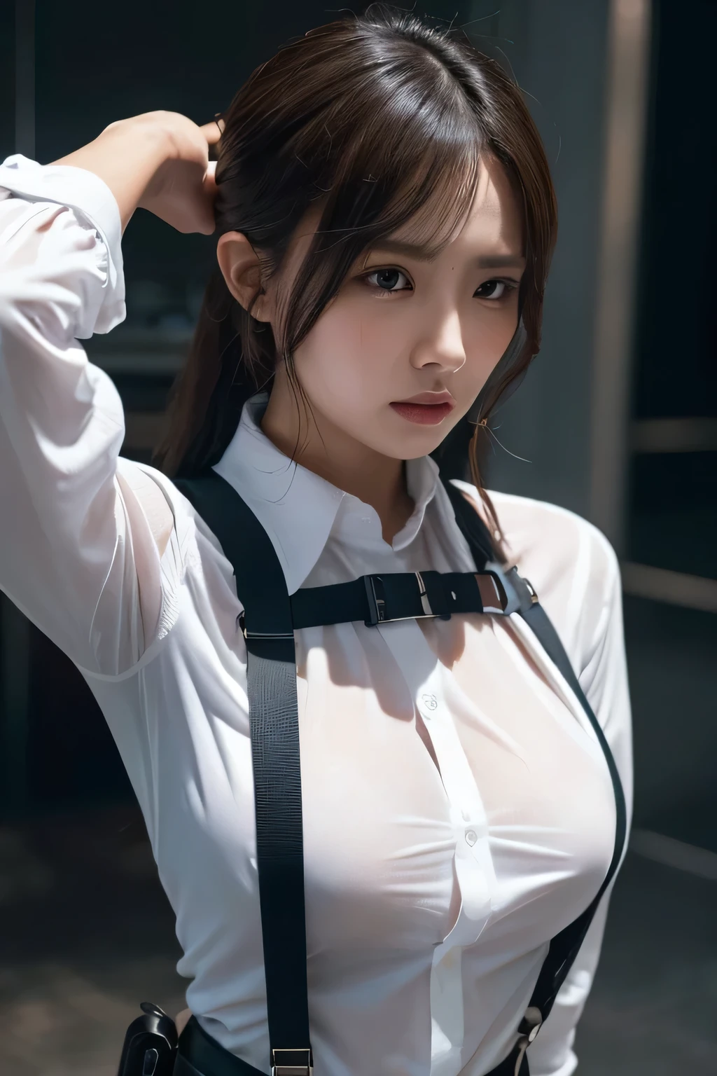 a woman in a suit, belt, hands behind back, sweating, suspenders, black pants, sexly, large breasts, see-through clothing, rain, detective, office worker, white button-up shirt, (best quality,4K,8k,highres,masterpiece:1.2),ultra-detailed,(realistic,photorealistic,photo-realistic:1.37),hyper-detailed,highly detailed face and body, Slender　thin　suspenders　Moderate breasts　See-through shirt　Nipples　holster　chain　Pistol　Armament　criminal　Female criminal　knife