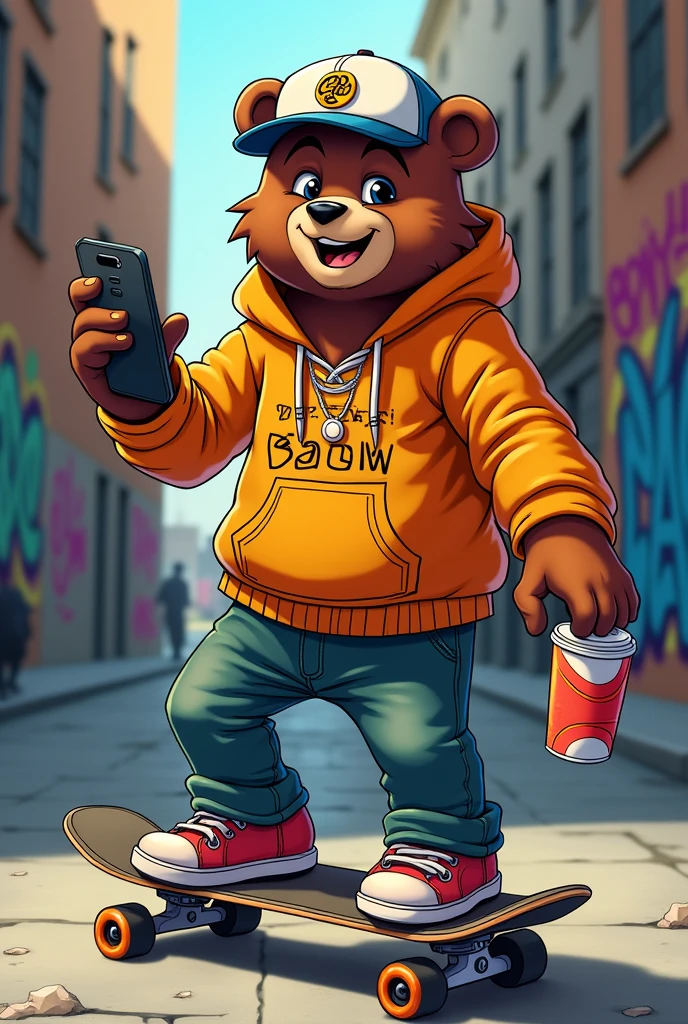 Cool bear with Hoodie and Basecap ,ON a Skateboard,in Hand Smartphone and Something to Drink,on street, cartoon, grafitti