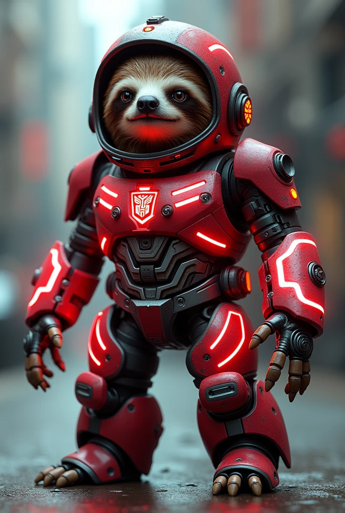 Sloth with transformers costume with red neon light glowing and helmet in standing