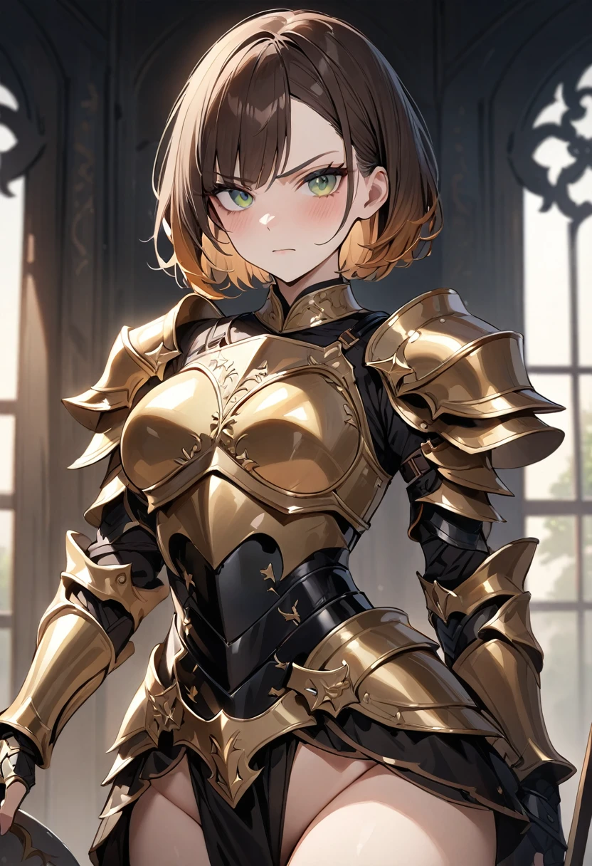 (masterpiece, top quality, very aesthetic, 4k、illustration), ()、intricate detail, 1woman,solo,contrapposto 、(gradient eyes、tareme)、very short hair、asymmetrical bangs,Fair skin,(cowboy shot)、beautiful women、clear face、Serious Face、(Full Plate Armor),beautiful face、(gradient hair)、(brown hair)、sidelock ,,green eyes、Knight Armor、Full Body gold Armor、medium breasts、slender 、