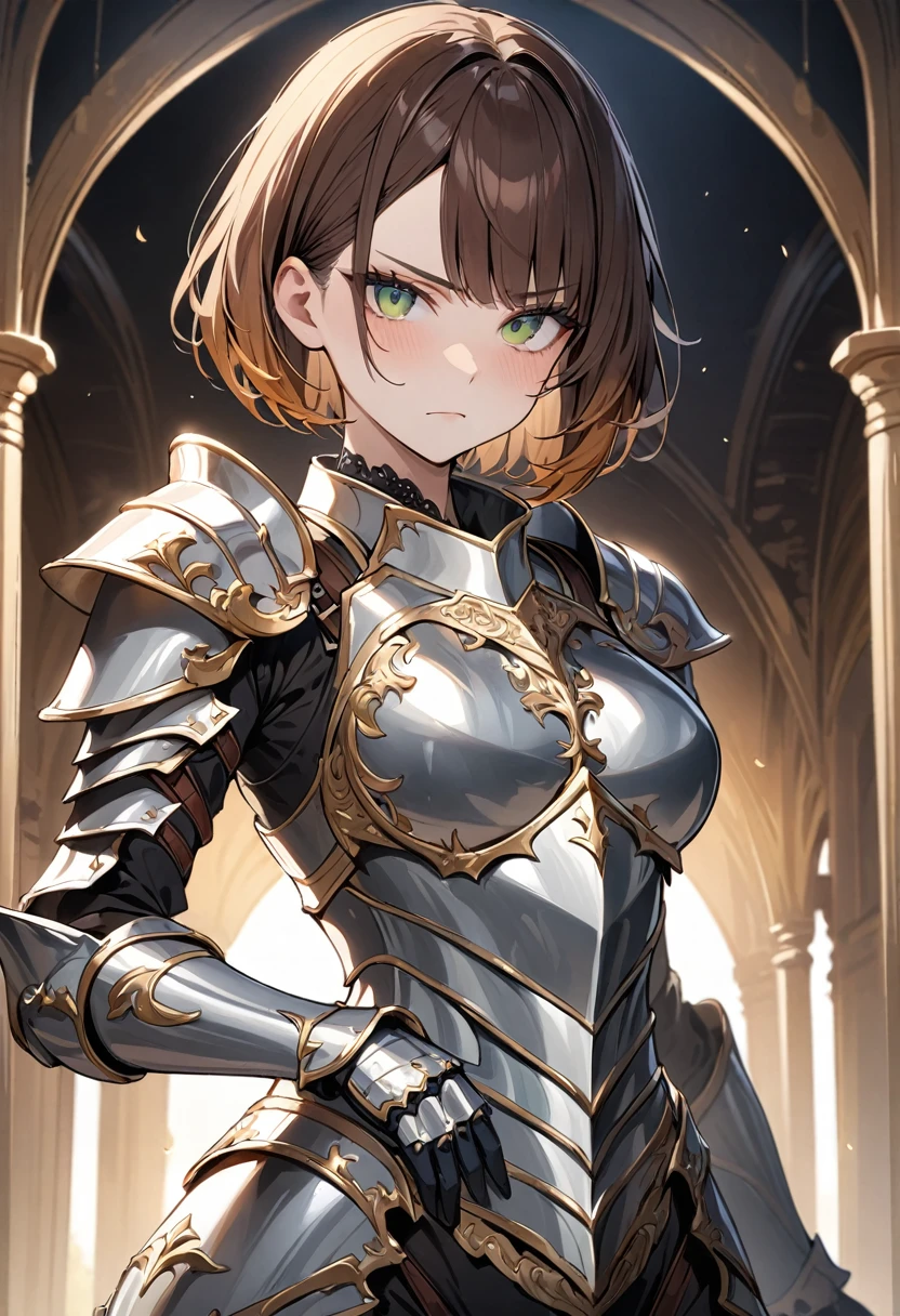 (masterpiece, top quality, very aesthetic, 4k、illustration), ()、intricate detail, 1woman,solo,contrapposto 、(gradient eyes、tareme)、very short hair、asymmetrical bangs,Fair skin,(cowboy shot)、beautiful women、clear face、Serious Face、(Full Plate Armor),beautiful face、(gradient hair)、(brown hair)、sidelock ,,green eyes、Knight　Armor、Full Body gold Armor、medium breasts、slender 、