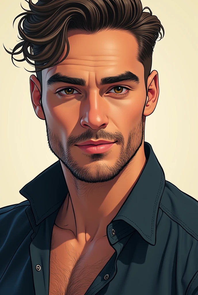 Man in his mid-30s、He has a slight beard.、Barber style、Mole under eye、Slightly smiling、
Sexy feeling、An illustration