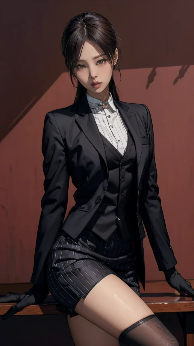 Jennie kim sexy Resident Evil 4, Ada Wong, sitting on chair, 1girl, makeup, silky hair, fully clothed, skirt suit, suit and tie, (((three-piece suit))), silk dress shirt, shirt and tie, necktie, ((blazer)), ((suit jacket)) ((waistcoat)), bodycon miniskirt, pantyhose, tights, stockings, ((red lipstick)), ((pinstripe suit)), high heels, belt, tie clip, pocket square, tailored suit, (((black gloves))) jennie blackpink naked