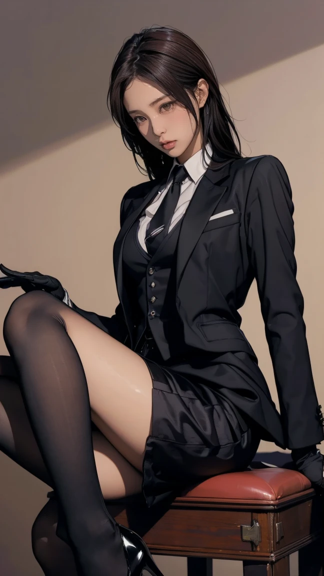 (masterpiece, best quality:1.2), cowboy shot, solo, 1girl, weissvale, looking at viewer, hand on leg, ponytail, scar on eye, kneeling, skirt suit, (((three-piece suit))), necktie, blazer, (((suit jacket))), (((waistcoat))), double-breasted waistcoat, bodycon miniskirt, pencil skirt, tie clip, pocket square, pocket watch, pantyhose, high heels, earrings,  blowbang, group sex, blowjob, oral sex, penis, multiple men, bukkake, cum