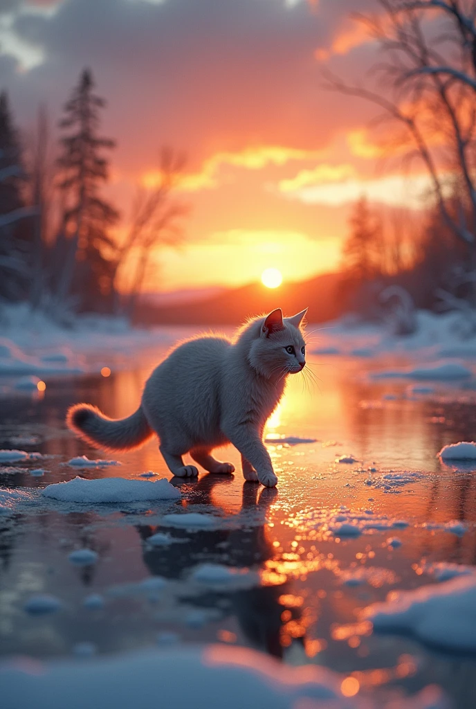 A cat is walking in a froken lake at sunset time 