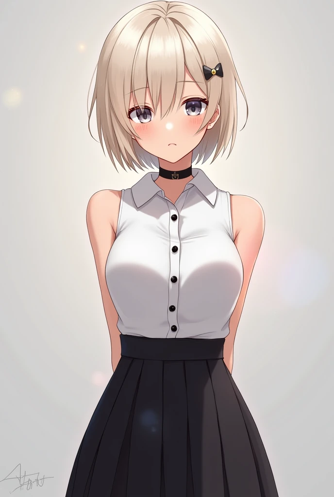 best quality, ultra high res, 1girl, sleeveless white button shirt, black skirt, black choker, cute, (Kpop idol), (aegyo sal:1), (platinum blonde hair:1), ((puffy eyes)), looking at viewer, full body, facing front bukkake ((nsfw))