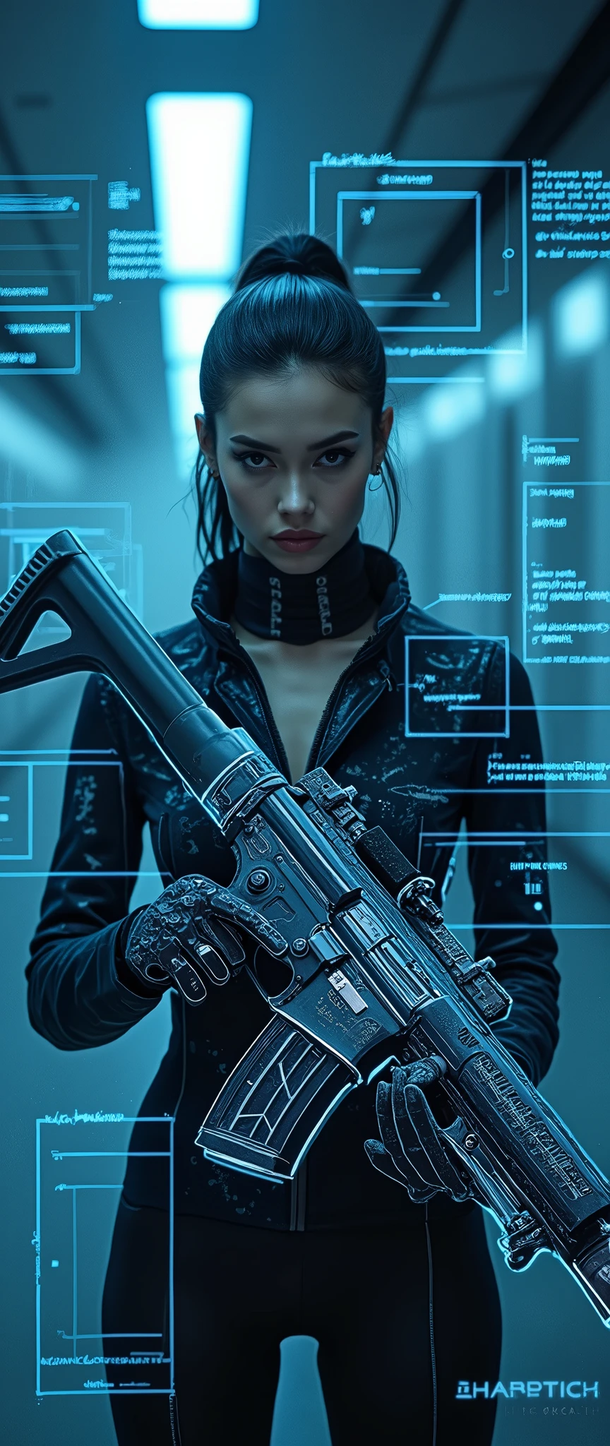(masterpiece:1.2,Exceptional Quality,mirror-like,Cinematic Experience,Photorealistic:2.0,RAW Photos:2.0,Super detailed),8k,wallpaper,(Representing blueprints through holograms:2.0),(Beautiful woman:2.0),futuristic assault rifle,(futuristic assault rifleの設計図:2.0),(Draw the front view:2.0),(Avant-garde design:2.0),(Drawing detailed blueprints:2.0),(Numerous notes about the settings:2.0),(cyber punk:2.0),(sf:2.0)