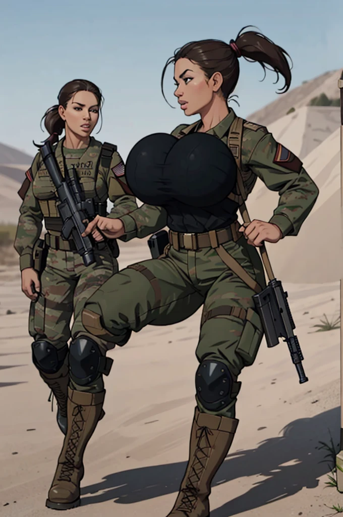 group of female soldiers, war photography, (cinematic lighting:1.1), highest quality, photo of (group of fully dressed really tanned 20yo sexy muscular female army special forces with taut clothing military top, ponytail hair, running holding a rifle), (bouncing breasts, motion lines, motion blur), too tight military shirt, medium_boltedontits, perfectly round breasts, breast implants, unaligned breasts, perfect face, parted lips, dumb expression, (wearing military Combat uniform, battlepack, boots:1.2), athletic body, on the battlefield, fake , bootsnutes