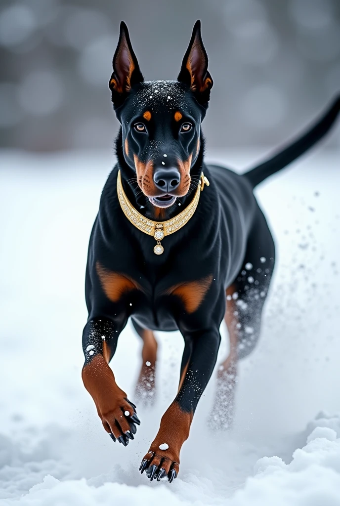 black dobermann dog running in the snow, the dog wearing gold and diamond collar, glitter, particle, fish eyes, hdr, udh, 8k, masterpiece, snow particles spreading on its legs while its running, realistic, super realistic