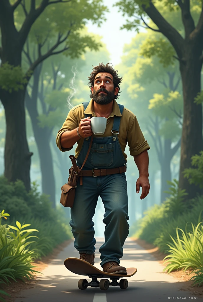 A working man is holding a coffee cup, riding a skateboard on the road, and the background atmosphere is full of nature and forests, with leaves blowing.