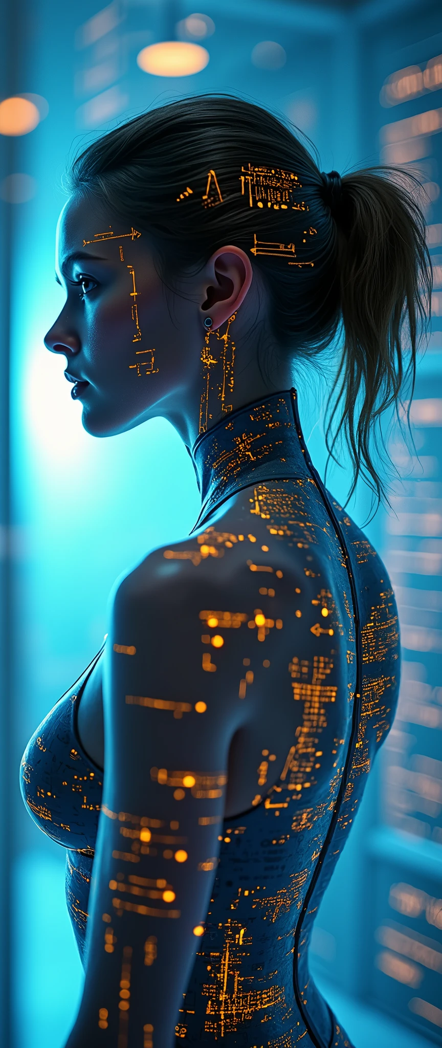 (masterpiece:1.2,Exceptional Quality,mirror-like,Cinematic Experience,Photorealistic:2.0,RAW Photos:2.0,Super detailed),8k,wallpaper,(Representing blueprints through holograms:2.0),(Beautiful woman:2.0),Female Cyborg,(Female Cyborgの設計図:2.0),(Draw the back view:2.0),(Avant-garde design:2.0),(Drawing detailed blueprints:2.0),(Numerous notes about the settings:2.0),(Beautiful Face,Beautiful Eyes,Beautiful Hair)