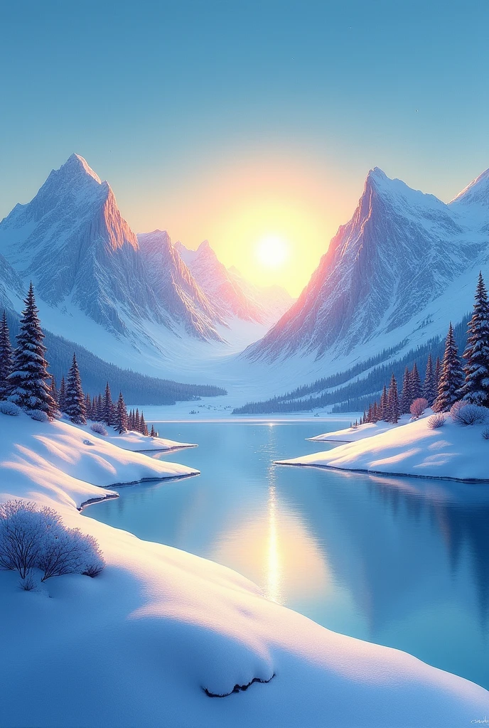Daytime sun and snowy mountains, With beautiful shadows and reflections. The scene is bright and calm, With contrast of warm and cool colors. The sun shines、Casting a long shadow on the mountain, Creating a sense of depth and perspective. The snowy mountains reflect the sunlight and the sky., Creates a mirror-like effect. The painting shows the elegance and beauty of the sun and snowy mountains..