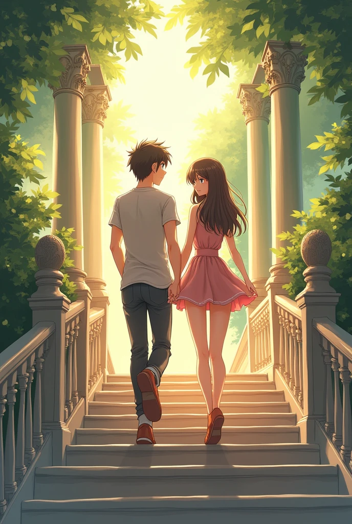 anime girl sexy cute holding hands walking up stairs