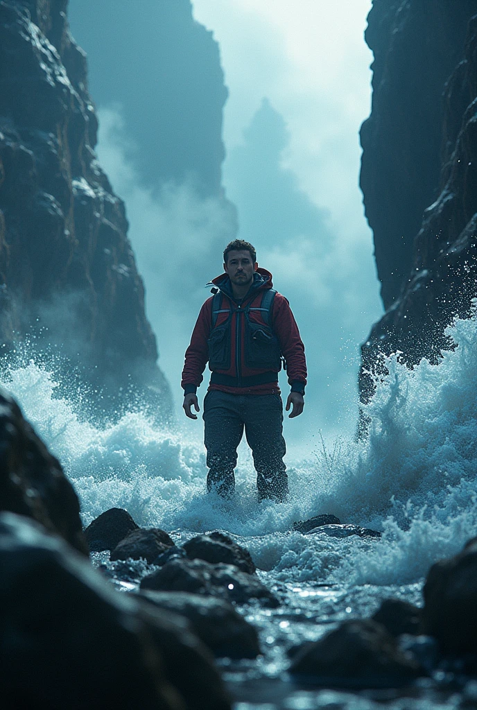Highlight MrBeast against a backdrop of raging elements—wild rivers, thunderstorms, or towering cliffs. Capture the raw power of nature as he battles the elements. Overlay text like “Survival Test” or “Courage vs. Chaos. Writiing  Mr beast text
