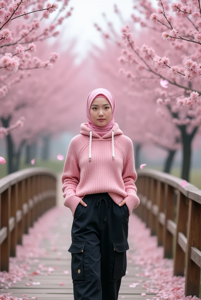 Beautiful Korean girl with white skin. Well-groomed face, pink hijab, pink knit hoodie, decorated with cherry blossom motifs, black cropped trousers with lots of pockets, pink snack shoes, standing on a wooden bridge, left and right of the bridge covered with blooming cherry trees. , some cherry blossoms falling, the background of a very wide and beautiful field of cherry blossoms, Real photo, realistic