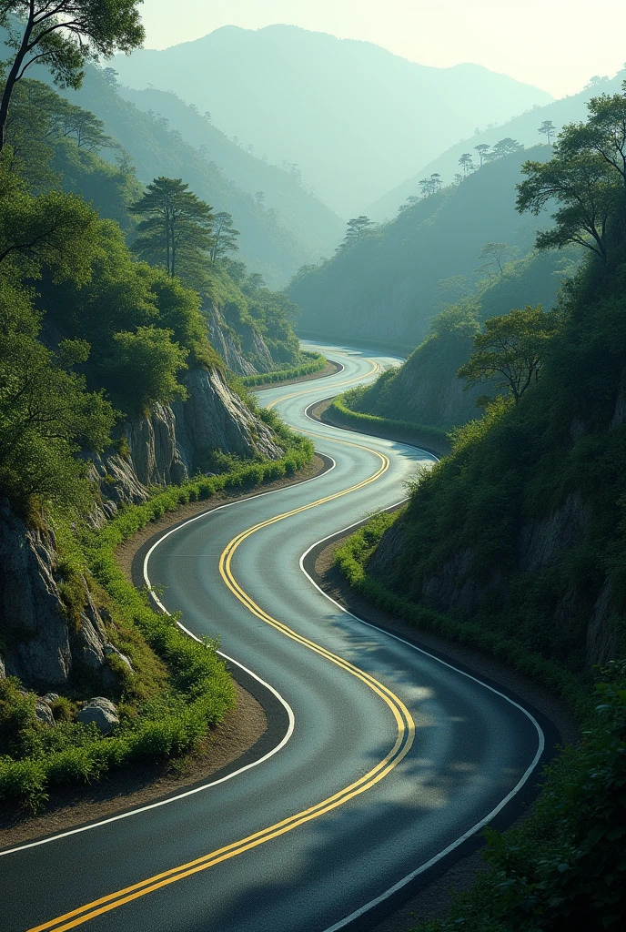 Curved traffic road with yellow boundaries 


